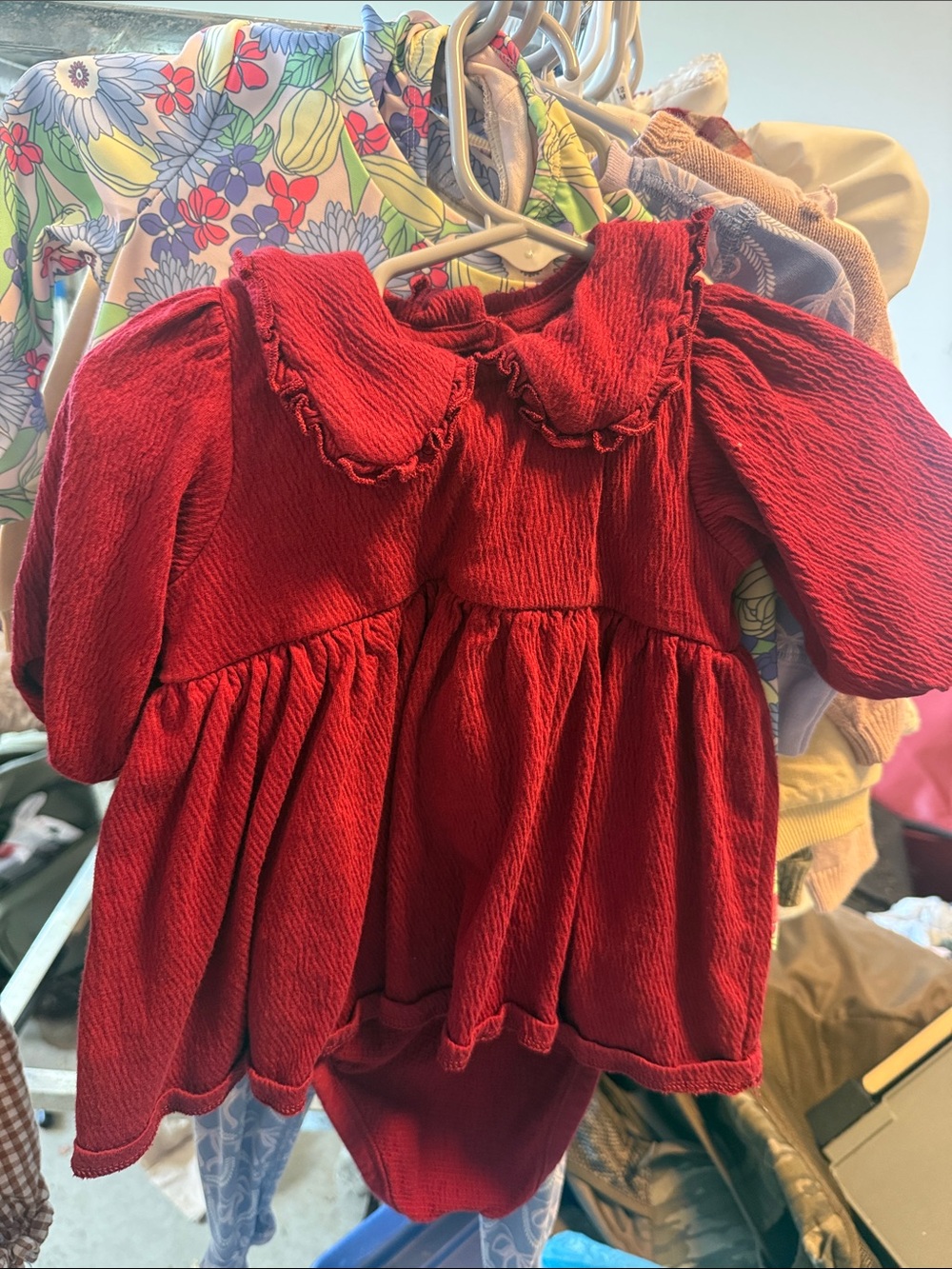 H&M Red Textured Baby Dress with Ruffled Peter Pan Collar